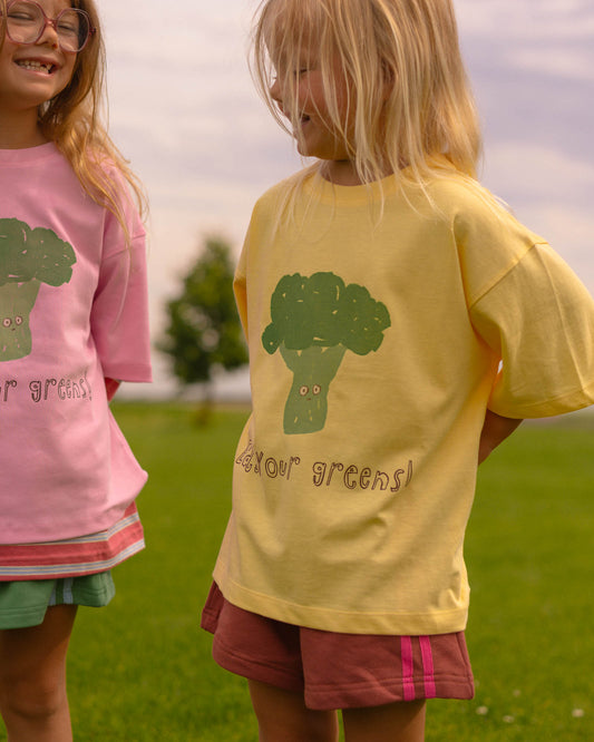 oversized and boxy kids tee. with 100% cotton track shorts in fun colours