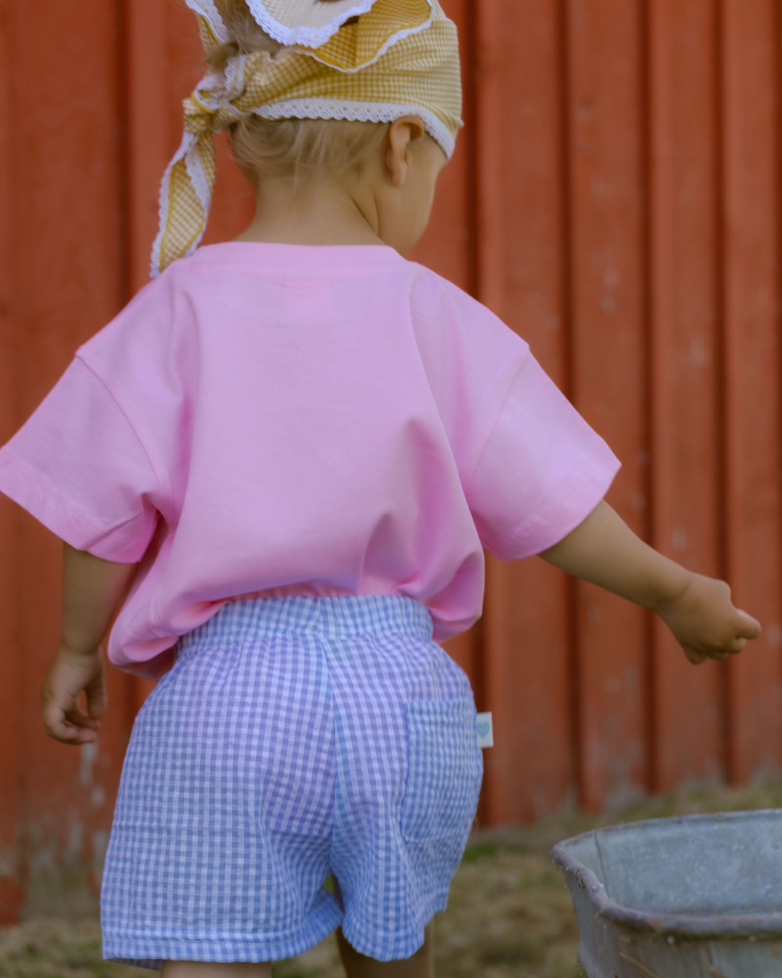Child wearing a pink shirt and blue checkered shorts standing in front of a red barn.