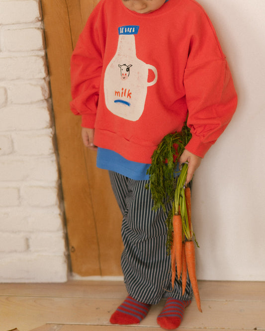 Child wearing a red sweatshirt with a milk bottle design, holding carrots indoors.