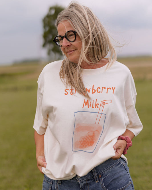 womans strawberries milk tee - Pigeon said please